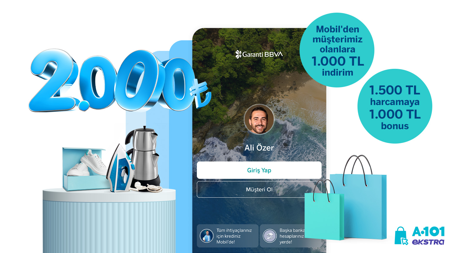 Garanti BBVA Mobil’den müşterimiz olun, A101 Ekstra’dan 1.000 TL indirim kazanın! Üstelik, Bonus ile 1.500 TL ve üzeri A101 Ekstra harcamanıza 1.000 TL bonus fırsatından yararlanın!