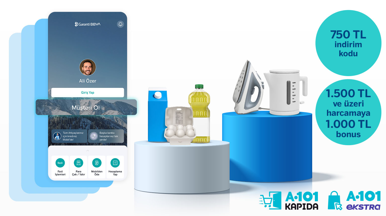 Garanti BBVA Mobil’den müşterimiz olun, A101 Ekstra veya A101 Kapıda’dan 750 TL indirim kazanın! Üstelik, Bonus ile 1.500 TL ve üzeri A101 Ekstra veya A101 Kapıda harcamanıza 1.000 TL bonus fırsatından yararlanın!