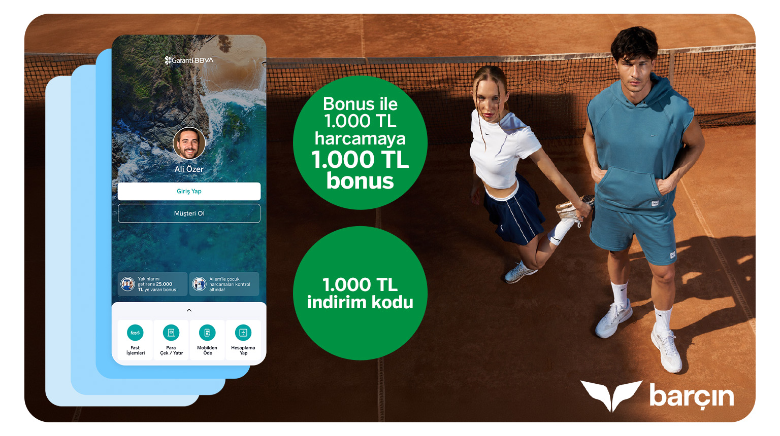 BARCIN26 kodu ile Garanti BBVA Mobil’den müşterimiz olun, Barçın’da 1.000 TL indirim kazanın! Üstelik Bonus ile ilk Barçın harcamanıza 1.000 TL Bonus fırsatından yararlanın!