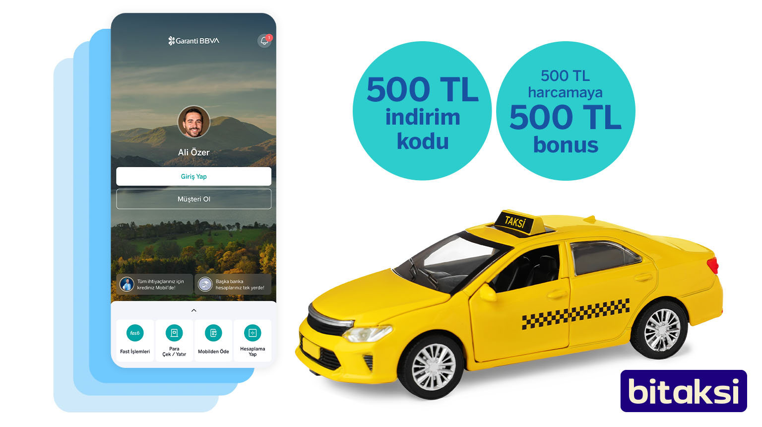 TAKSI500 koduyla Garanti BBVA Mobil’den müşterimiz olun, bitaksi’de 500 TL indirim kazanın! Üstelik, Bonus ile 500 TL bitaksi harcamanıza ek 500 TL bonus fırsatından yararlanın!
