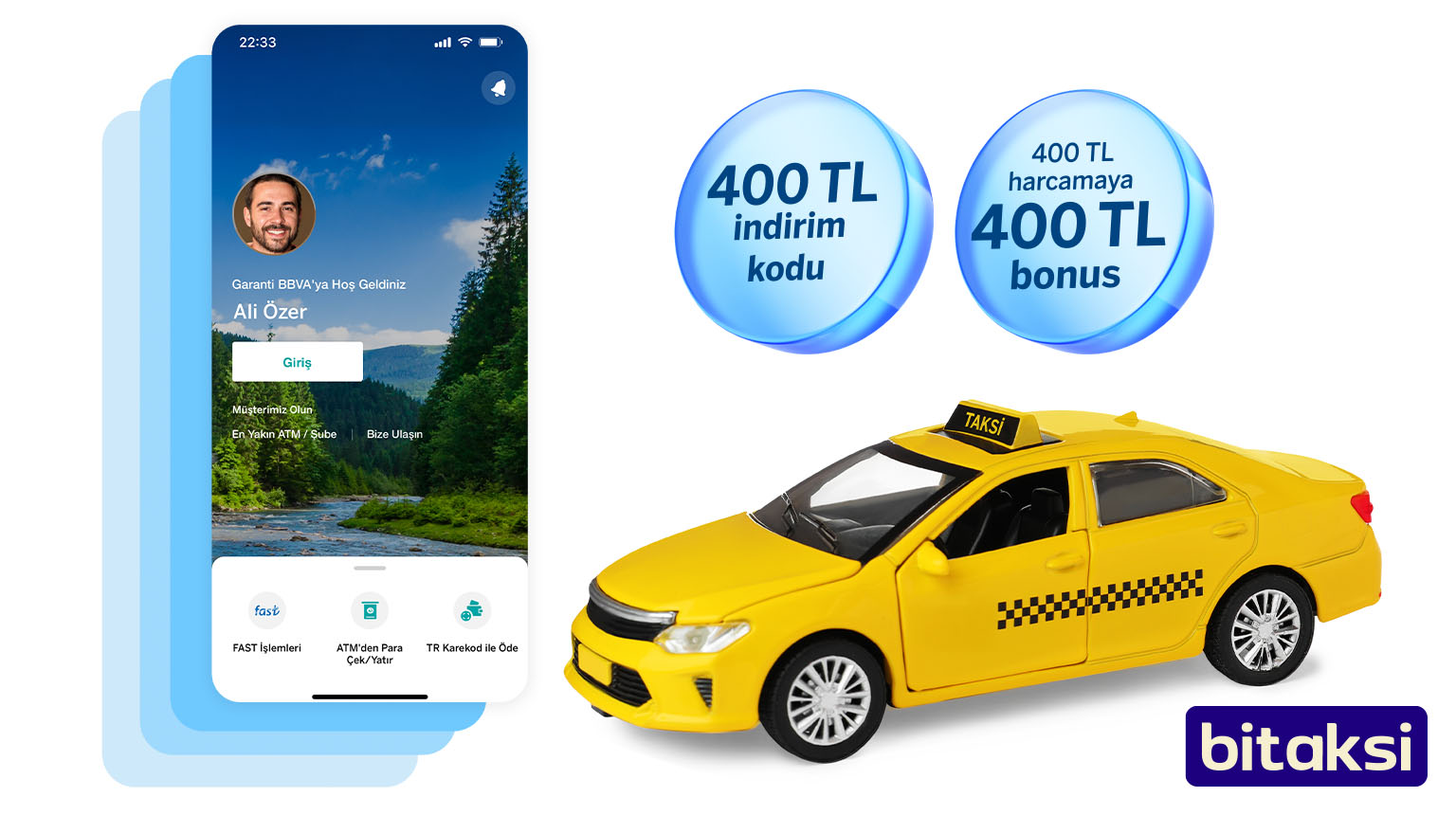 TAKSI800 koduyla Garanti BBVA Mobil’den müşterimiz olun, bitaksi’de 400 TL indirim kazanın! Üstelik, Bonus ile 400 TL bitaksi harcamanıza ek 400 TL bonus fırsatından yararlanın!