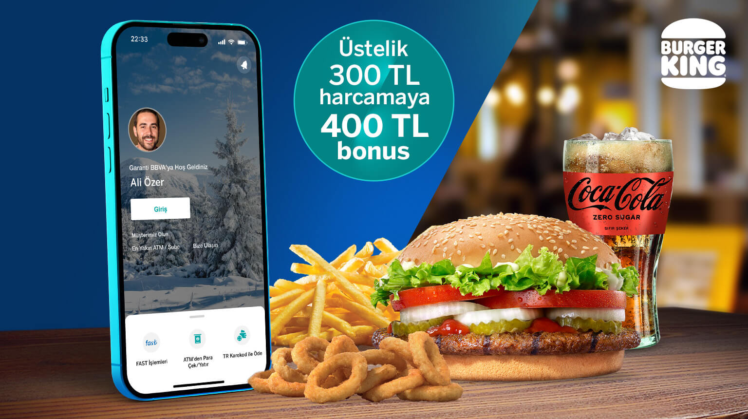 BURGER25 koduyla Garanti BBVA Mobil’den müşterimiz olun, Burger King®restoranlarında Whopper Menü kazanın! Üstelik, Bonus ile 400 TL Burger King® restoranlarındaki harcamanıza 400 TL bonus fırsatından yararlanın!