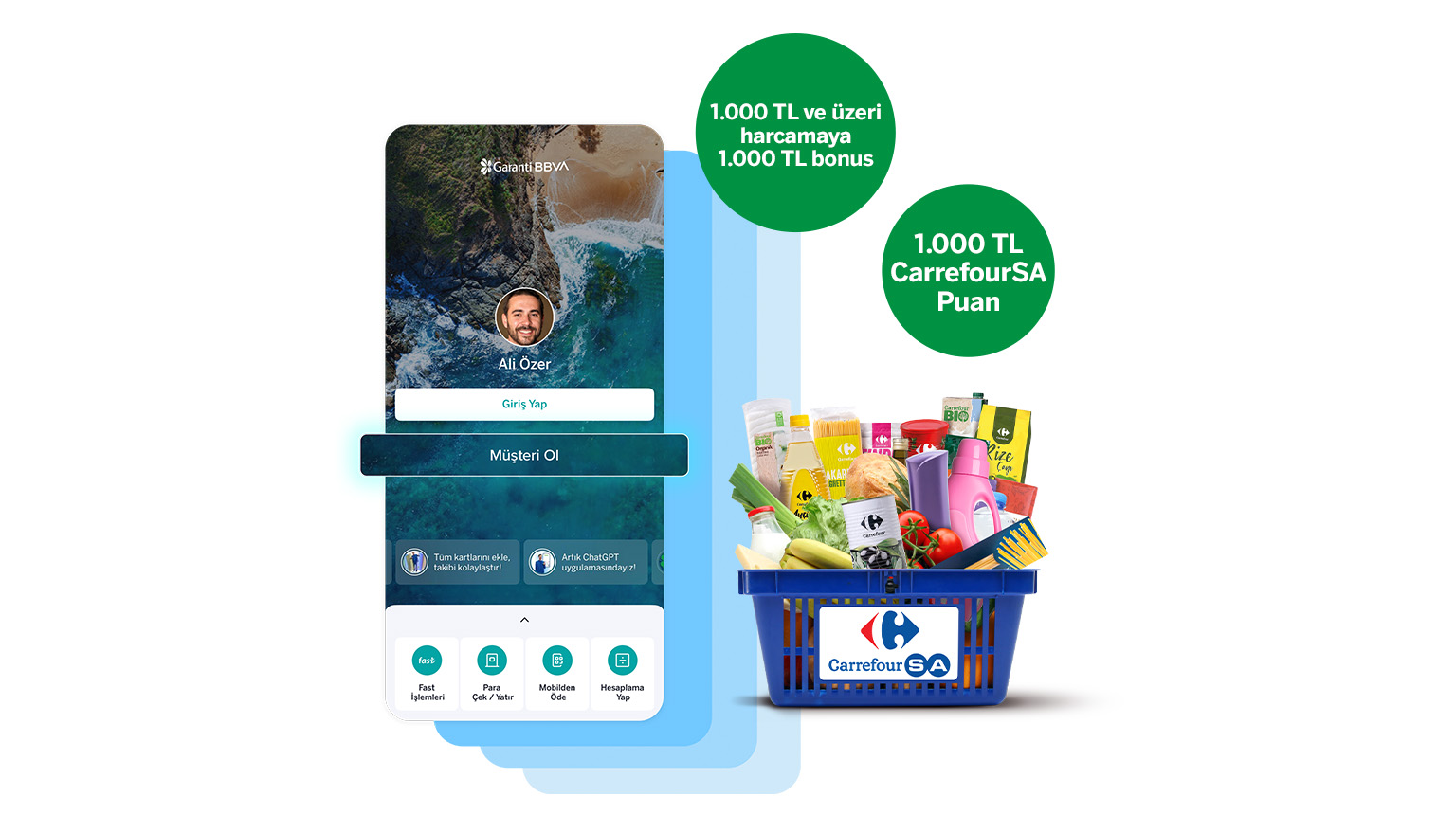 Garanti BBVA Mobil’den müşterimiz olun, CarrefourSA’dan 1.000 TL CarrefourSA puan kazanın! Üstelik, Bonus ile CarrefourSA mağazaları, CarrefourSA Online Market uygulamasından veya carrefoursa.com’dan 1.000 TL ve üzeri harcamanıza 1.000 TL bonus fırsatından yararlanın!