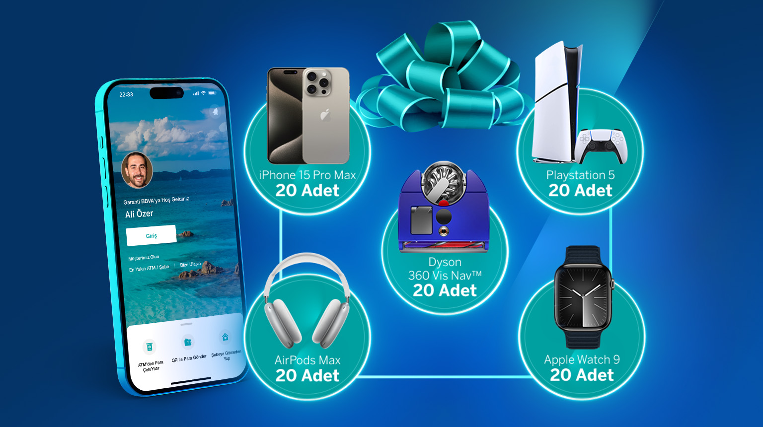 100 teknolojik hediyeden biri sizin olabilir! 15 Ağustos – 30 Eylül 2024 tarihleri arasında Garanti BBVA Mobil'e giriş yapın TEKNO100 kodu ile çekilişe katılın, 20 adet iPhone 15 Pro Max, 20 adet Dyson 360 Vis Nav Robot Süpürge, 20 adet Sony Playstation 5 Slim, 20 Adet Airpods Max, 20 Adet Apple Watch 9 hediyelerinden birini kazanma şansı yakalayın. Üstelik ek koşulları gerçekleştirerek toplam 10 çekiliş hakkı kazanın.
