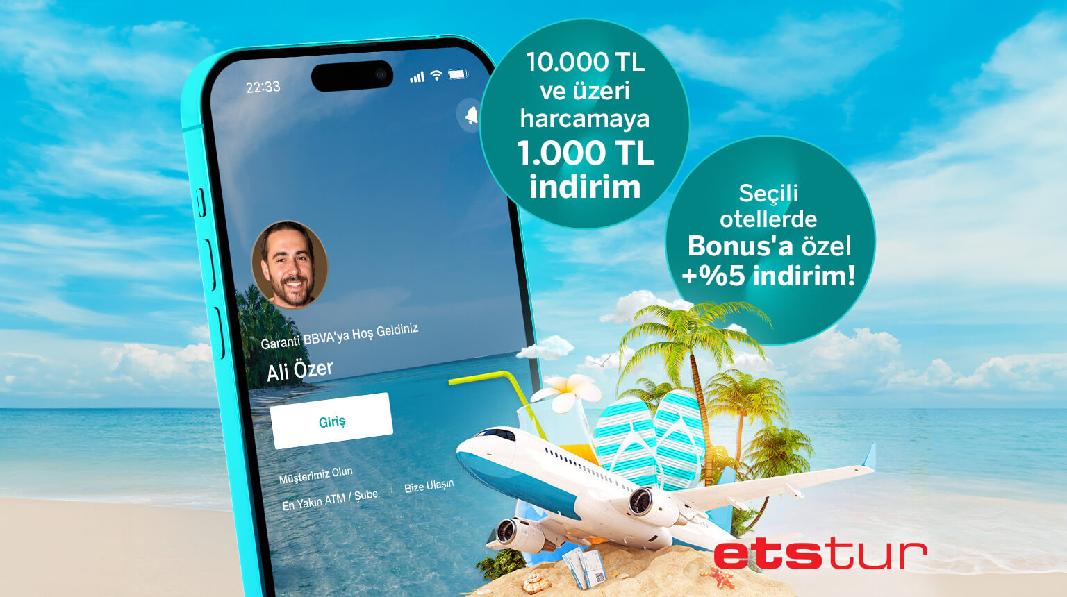 Garanti BBVA Mobil’den müşterimiz olun, Etstur’da 10.000 TL üzeri harcamaya 1.000 TL indirim kazanın! Üstelik seçili otellerde Bonus’a özel anında %5 indirimden de yararlanın!