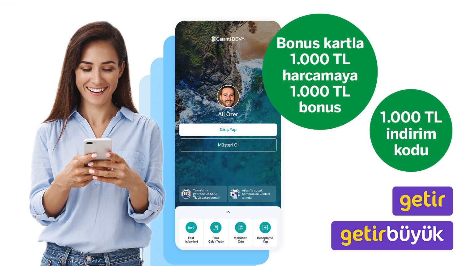 GETIRBIN koduyla Garanti BBVA Mobil’den müşterimiz olun, Getir siparişlerinizde geçerli 1.000 TL indirim kodu kazanın! Üstelik, Bonus ile 1.000 TL Getir harcamanıza 1.000 TL bonus fırsatından yararlanın!