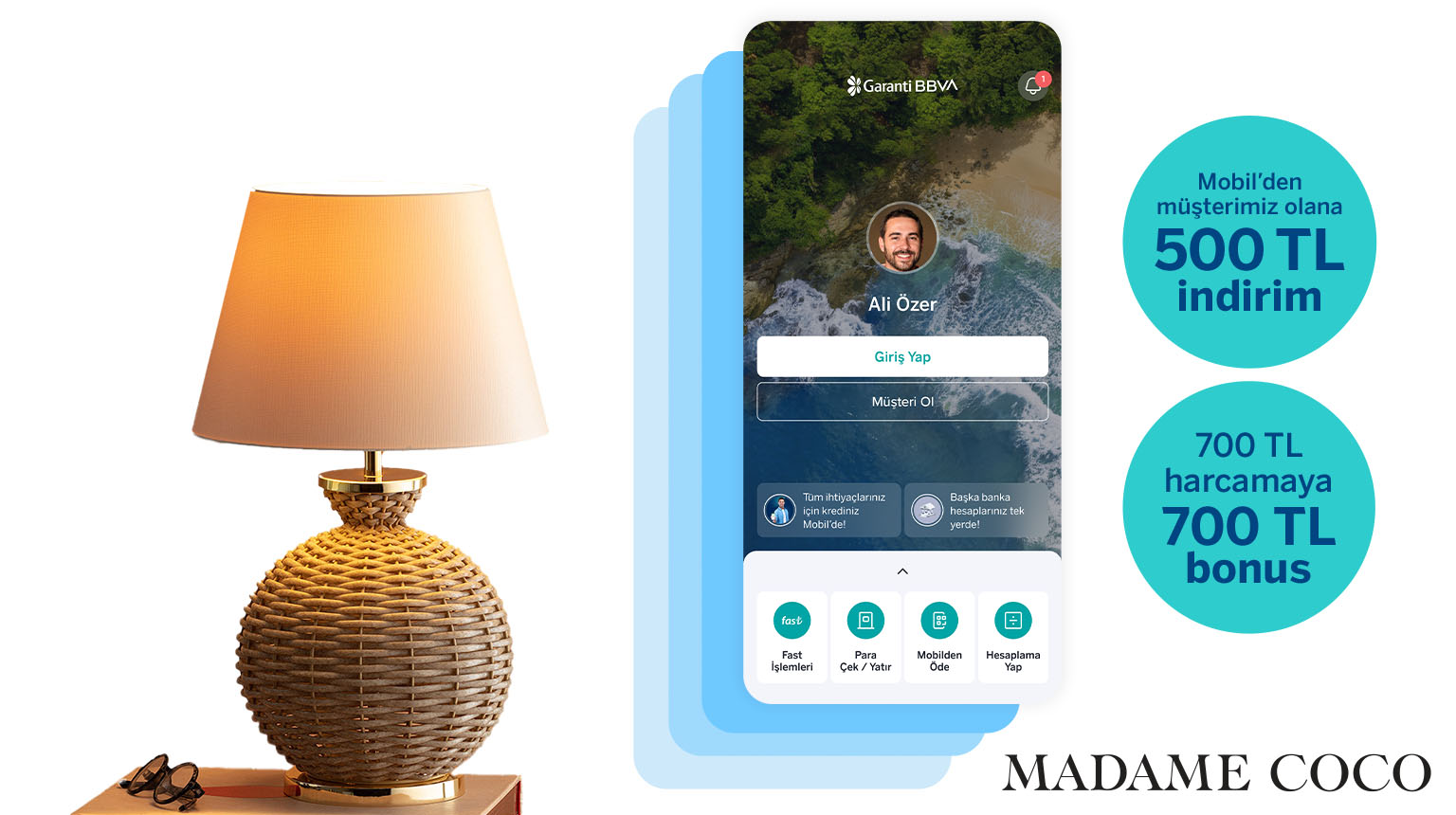 MCOCO500 koduyla Garanti BBVA Mobil’den müşterimiz olun, Madame Coco’da 500 TL indirim kazanın! Üstelik, Bonus ile 700 TL Madame Coco harcamanıza 700 TL bonus fırsatından yararlanın!