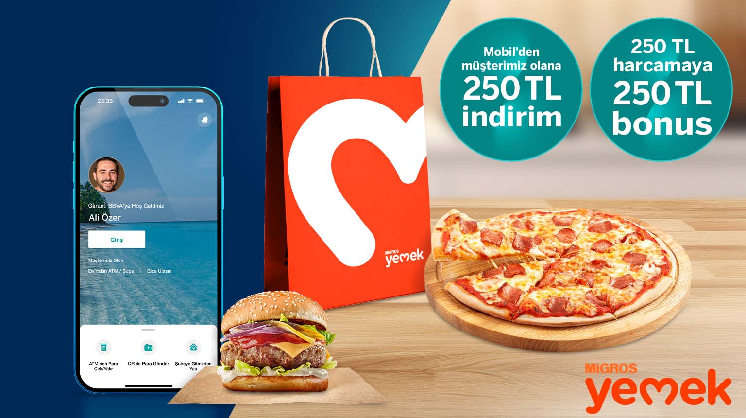Migros Yemek’te 500 TL’ye varan fırsat! MYEMEK23 kodu ile Garanti BBVA Mobil’den müşterimiz olun, Migros Yemek’ten 250 TL indirim kazanın! Üstelik Bonus ile 250 TL harcamanıza 250 TL bonus fırsatından yararlanın!