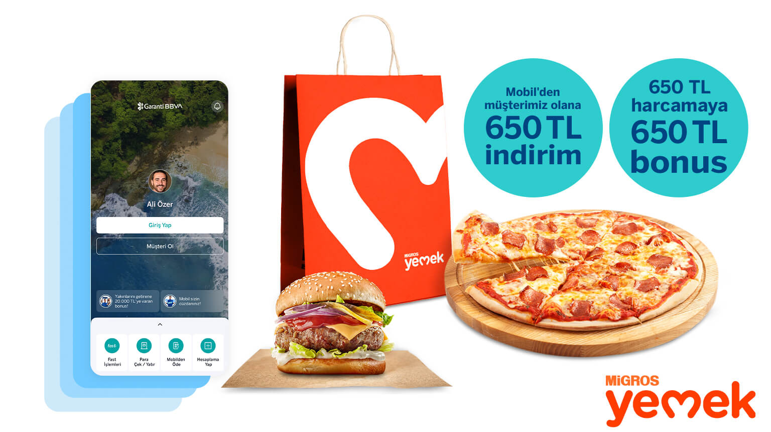 Migros Yemek’te 1.300 TL’ye varan fırsat! MYEMEK25 kodu ile Garanti BBVA Mobil’den müşterimiz olun, Migros Yemek’ten 650 TL indirim kazanın! Üstelik Bonus ile 650 TL harcamanıza 650 TL bonus fırsatından yararlanın!