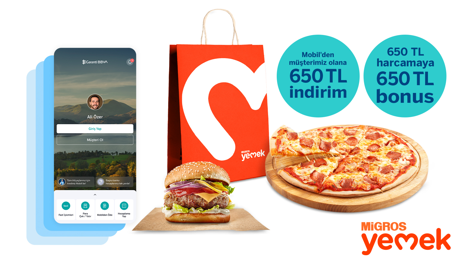 Migros Yemek’te 1.300 TL’ye varan fırsat! MYEMEK26 kodu ile Garanti BBVA Mobil’den müşterimiz olun, Migros Yemek’ten 650 TL indirim kazanın! Üstelik Bonus ile 650 TL harcamanıza 650 TL bonus fırsatından yararlanın!