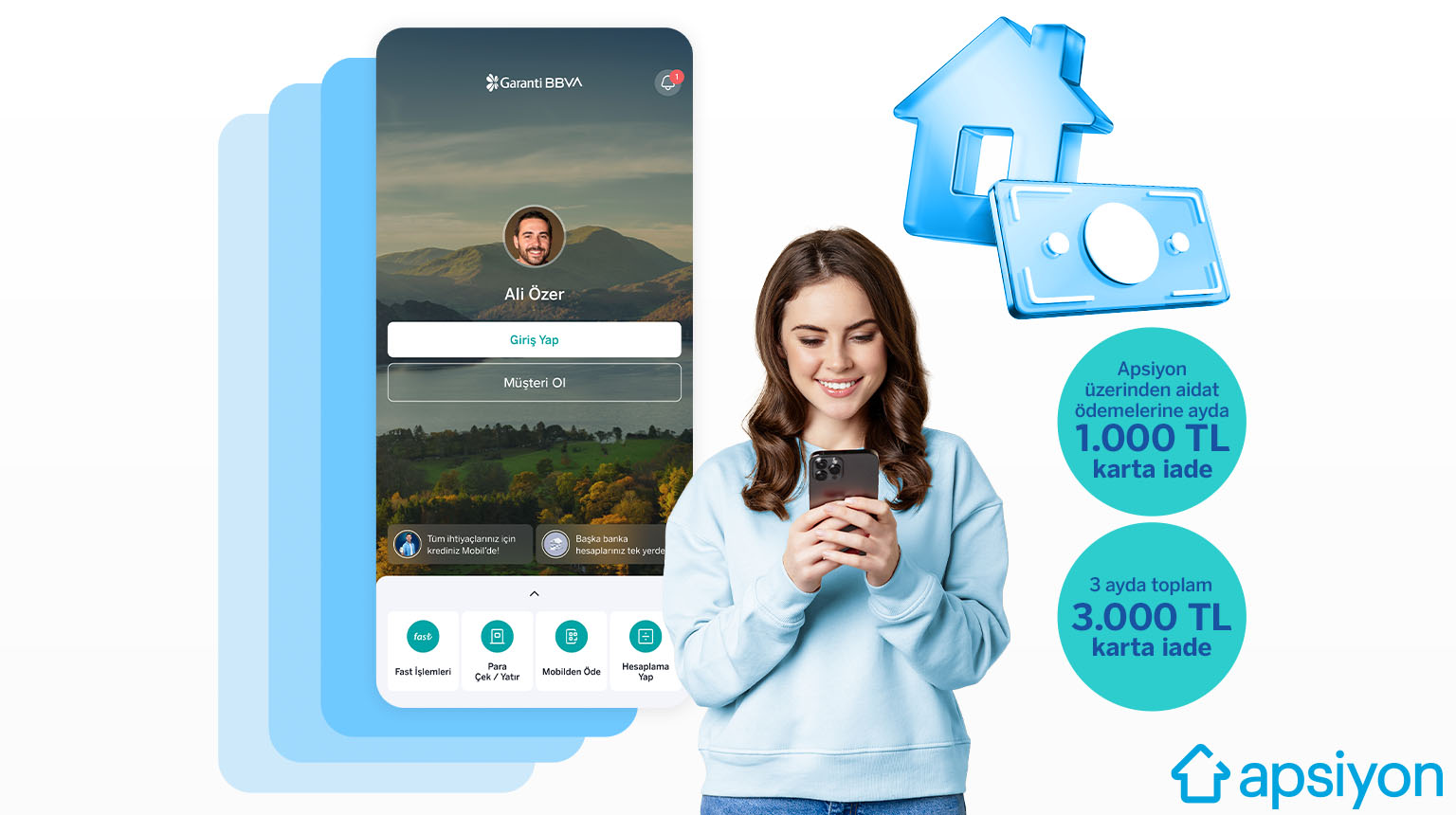 Apsiyon’da 3.000 TL iade fırsatı! APSIYON6 koduyla Garanti BBVA Mobil’den müşterimiz olun, bonus kart ile Apsiyon uygulamasında 3 ay boyunca aidat ödemelerinize ayda 1.000 TL, toplamda 3.000 TL kartınıza iade indirim kazanın! 