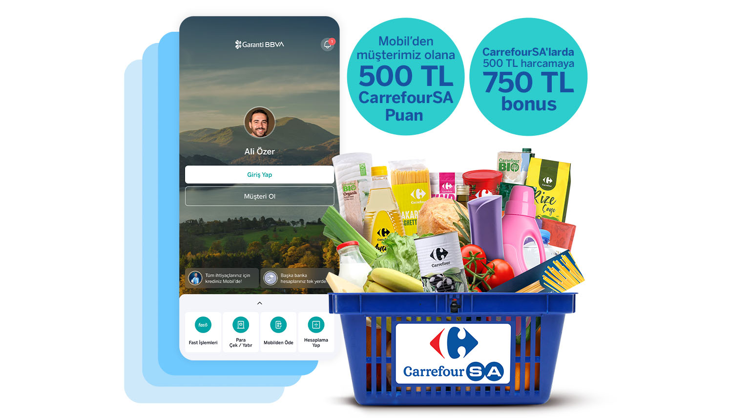 Garanti BBVA Mobil’den müşterimiz olun, CarrefourSA’dan 500 TL CarrefourSA puan kazanın! Üstelik, Bonus ile CarrefourSA mağazaları, CarrefourSA Online Market uygulamasından veya carrefoursa.com’dan 500 TL ve üzeri harcamanıza 750 TL bonus fırsatından yararlanın!