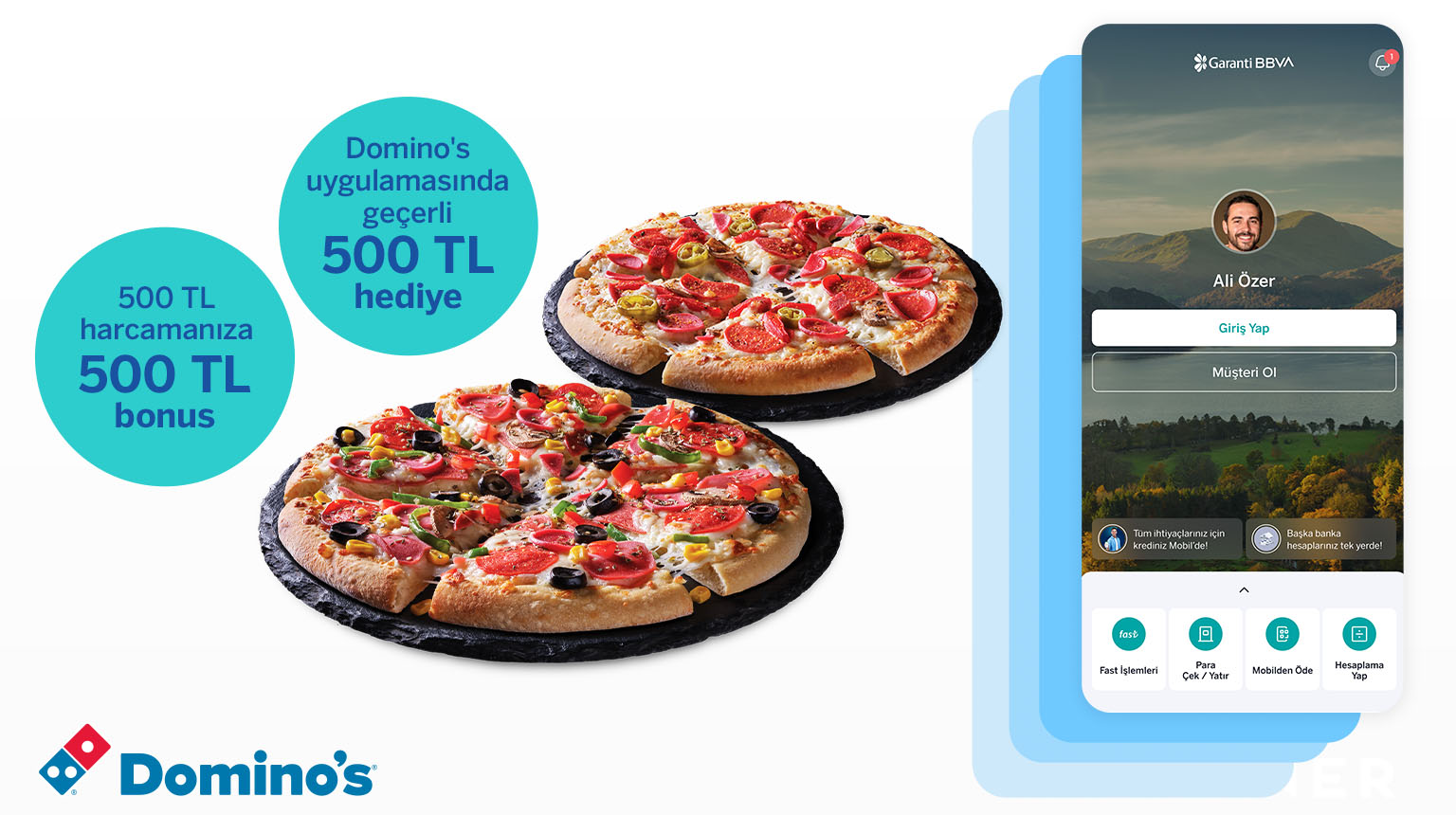DMNS2026 koduyla Garanti BBVA Mobil’den müşterimiz olun, dominos.com.tr ve Domino’s uygulamasında geçerli 500 TL indirim kazanın! Üstelik Bonus ile 500 TL Domino’s harcamanıza 500 TL Domino’s Bonus fırsatından yararlanın!
