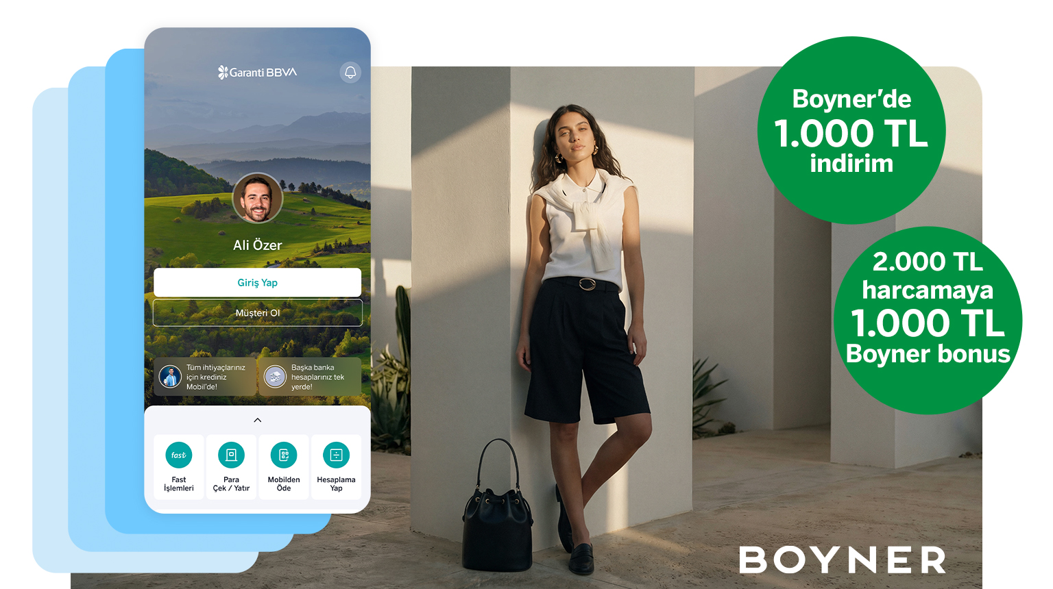 Boyner’de 2.000 TL’ye varan fırsat! 26BOYNER kodu ile Garanti BBVA Mobil’den müşterimiz olun, Boyner’den 1.000 TL indirim kazanın! Üstelik Bonus ile 2.000 TL Boyner harcamanıza 1.000 TL Boyner Bonus fırsatından yararlanın!
