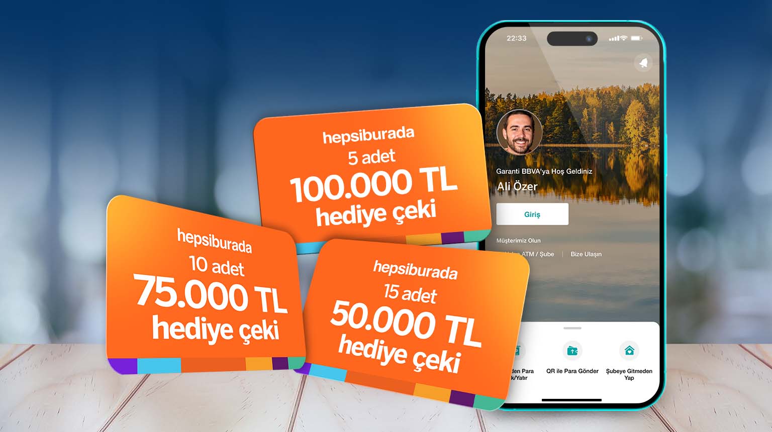 100.000 TL'ye varan Hepsiburada hediye çeki kazanma şansı! Siz de Mobil'den HEPSICEK koduyla Garanti BBVA'lı olun, 5 adet 100.000 TL, 10 adet 75.000 TL ve 15 adet 50.000 TL Hepsiburada hediye çekinden birini kazanma şansı yakalayın. Üstelik kredi kartı başvurusu, fatura ödemesi veya başka banka hesap ekleme işlemi yapın, her biri için 1’er çekiliş hakkı daha kazanın.