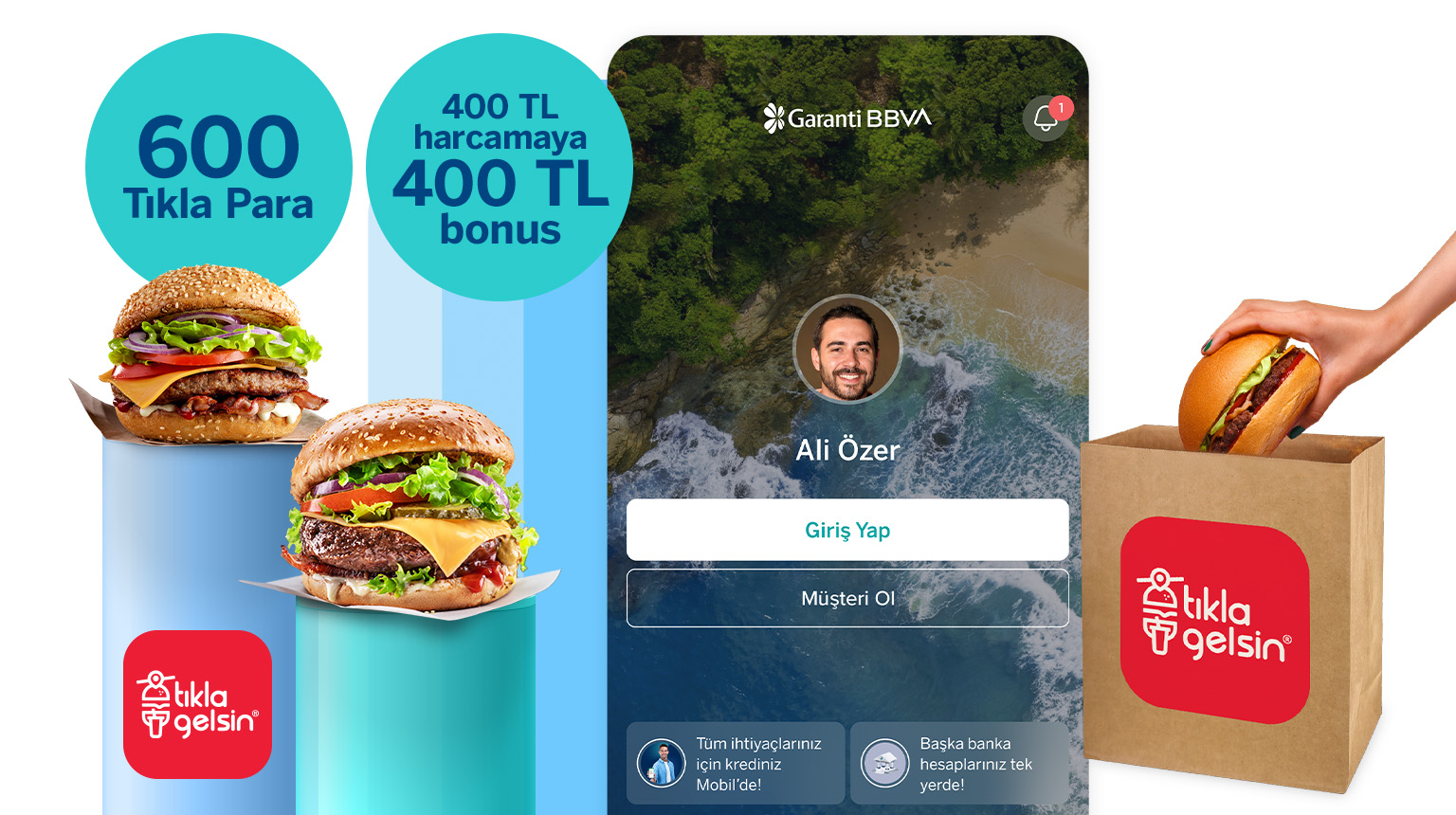 Tıkla Gelsin’de 1.000 TL’ye varan fırsat! TIKLA600 kodu ile Garanti BBVA Mobil’den müşterimiz olun, Tıkla Gelsin’den 600 Tıkla Para kazanın! Üstelik Bonus ile Gel Al & Sana Gelsin kanalları üzerinden tek seferde 400 TL harcamanıza 400 TL bonus fırsatından yararlanın!