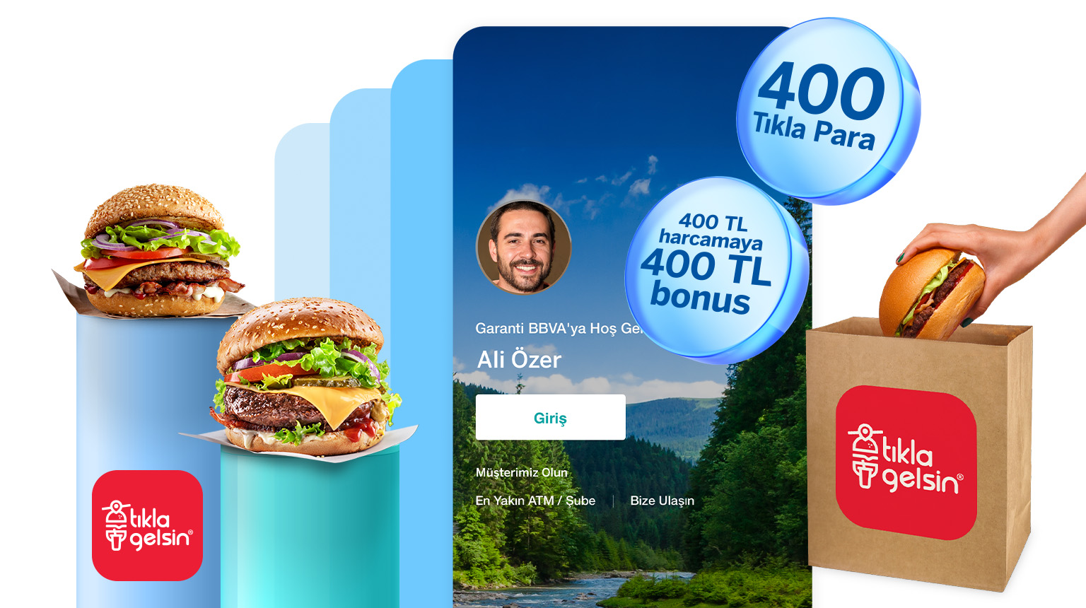 TIKLA800 kodu ile Garanti BBVA Mobil’den müşterimiz olun, Tıkla Gelsin’den 400 TL Tıkla Para kazanın! Üstelik Bonus ile Gel Al kanalı üzerinden tek seferde 400 TL harcamanıza 400 TL bonus fırsatından yararlanın!