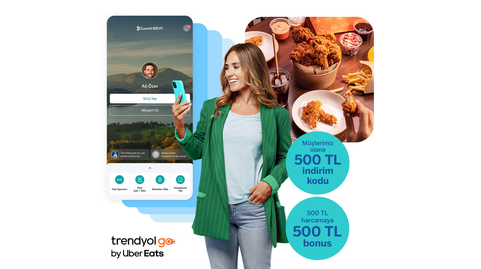 TGOYEMEK koduyla Garanti BBVA Mobil’den müşterimiz olun, Trendyol GO by Uber Eats yemek siparişlerinizde geçerli 500 TL indirim kodu kazanın! Üstelik, Bonus ile 500 TL Trendyol GO by Uber Eats harcamanıza 500 TL bonus fırsatından yararlanın!