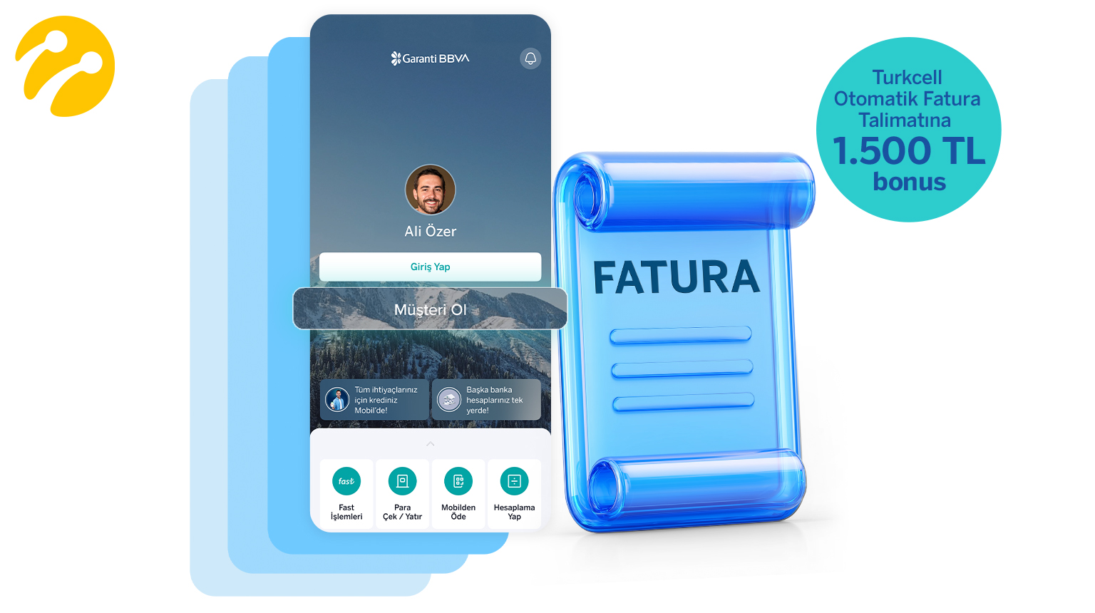Siz de Garanti BBVA Mobil’den müşterimiz olun, Turkcell otomatik fatura talimatı için 1.500 TL bonus kazanma fırsatından yararlanın.