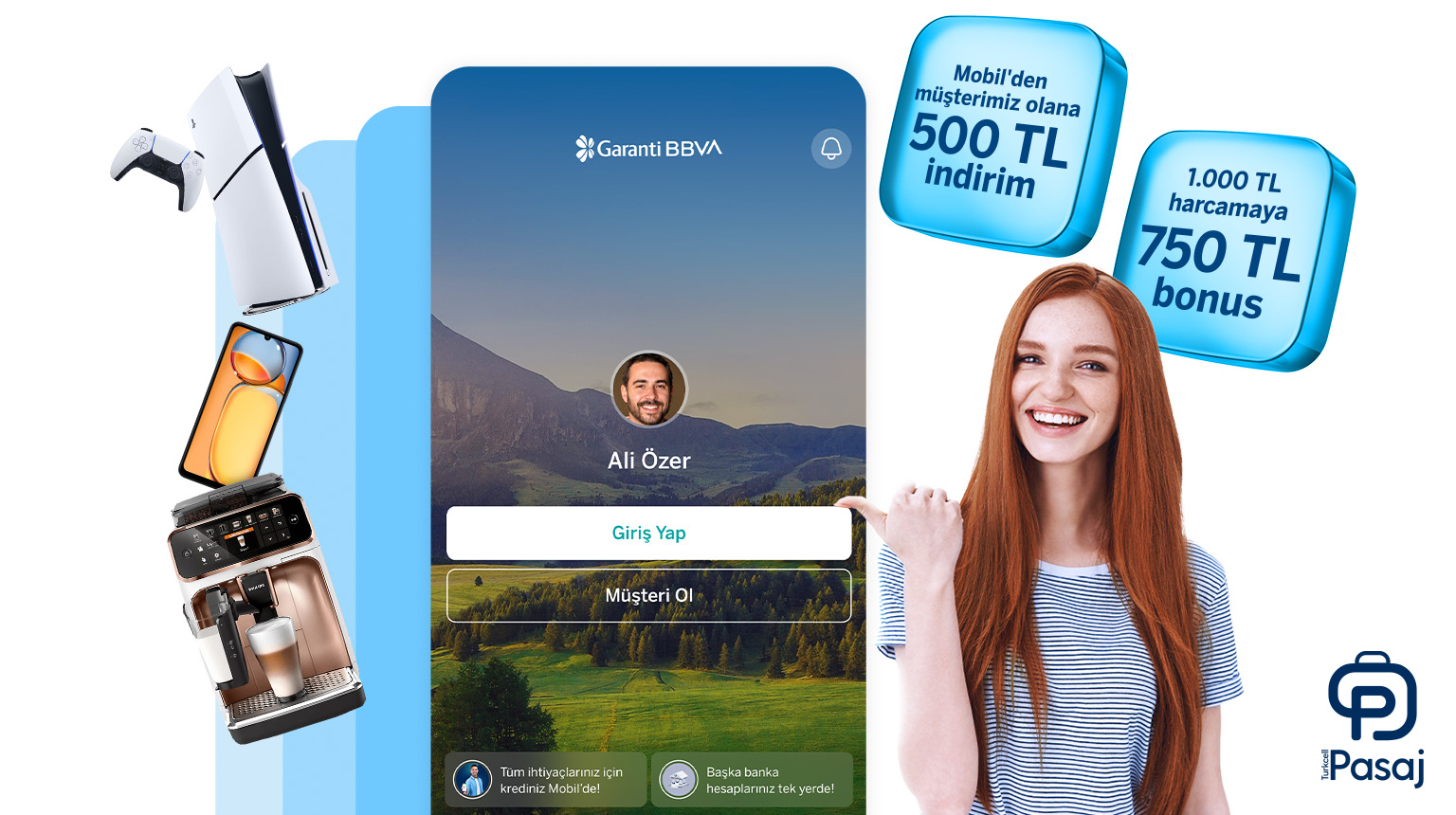 Turkcell Pasaj web sitesi ve mobil uygulamasında 1250 TL’ye varan fırsat!  Garanti BBVA Mobil’den müşterimiz olun, Turkcell Pasaj’ta 450 TL indirim kazanın! Üstelik, Bonus ile 1000 TL Turkcell Pasaj harcamanıza 750 TL bonus fırsatından yararlanın!