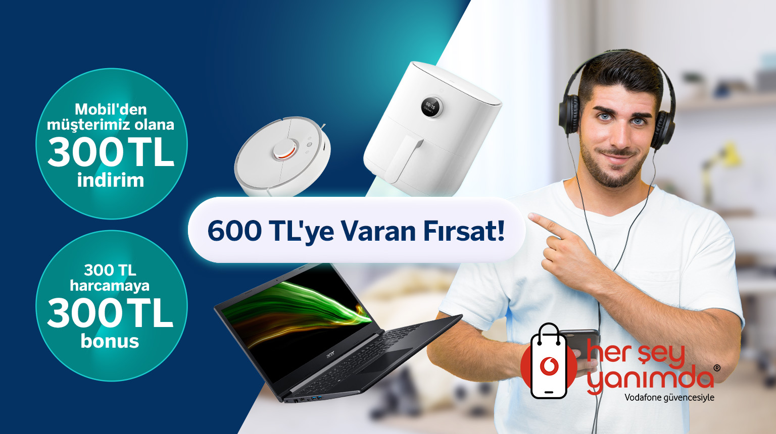 Vodafone Her Şey Yanımda’da 600 TL’ye varan fırsat! VODAFONE kodu ile Garanti BBVA Mobil’den müşterimiz olun, Vodafone Her Şey Yanımda’da geçerli 300 TL indirim kazanın. Üstelik Bonus ile 300 TL Vodafone Her Şey Yanımda harcamanıza 300 TL bonus fırsatından da yararlanın!