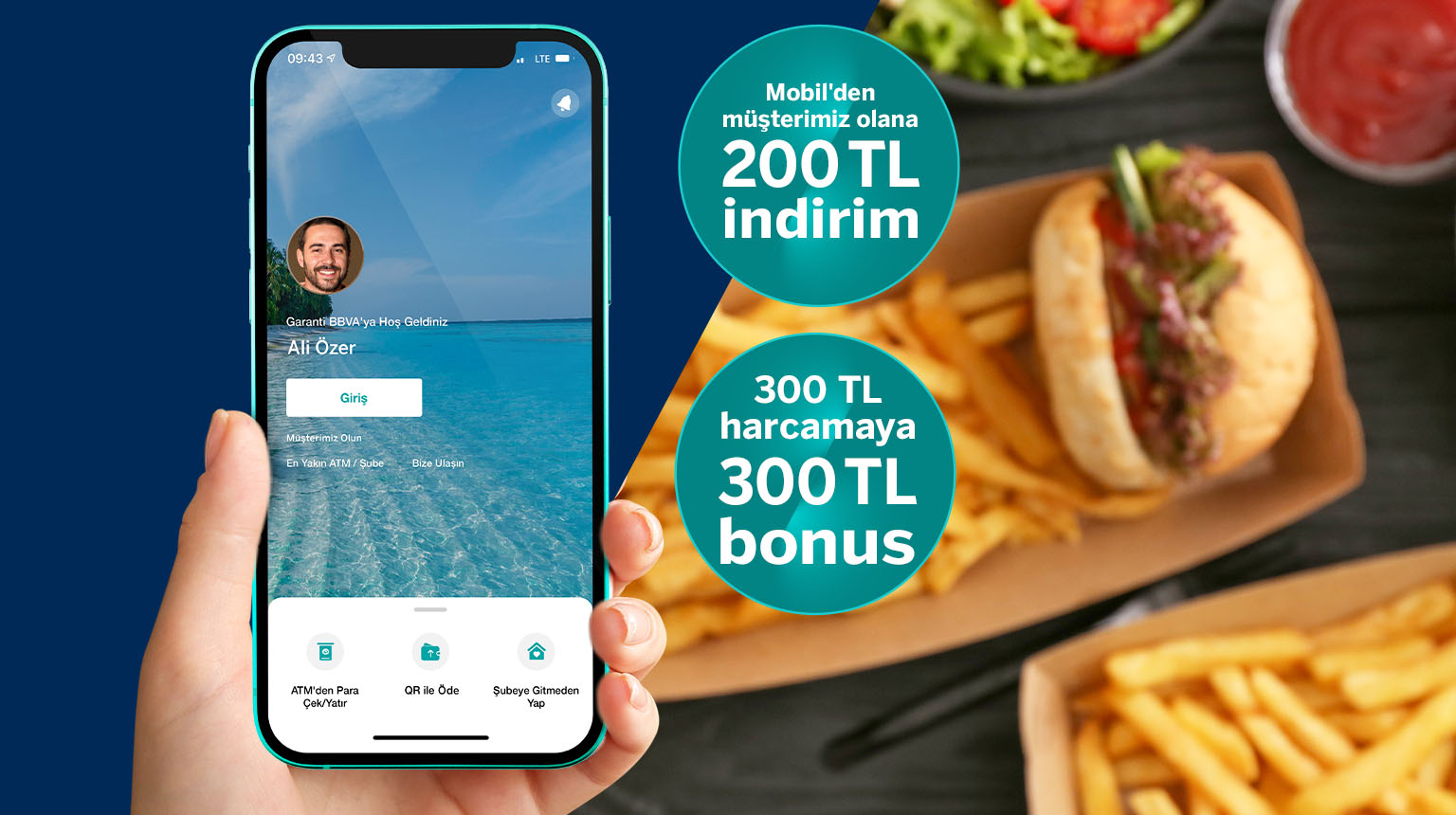 Garanti BBVA Mobil’den müşterimiz olun, Yemeksepeti'nden 200 TL indirim kazanın! Üstelik, Bonus ile 300 TL Yemeksepeti harcamanıza 300 TL bonus fırsatından yararlanın!